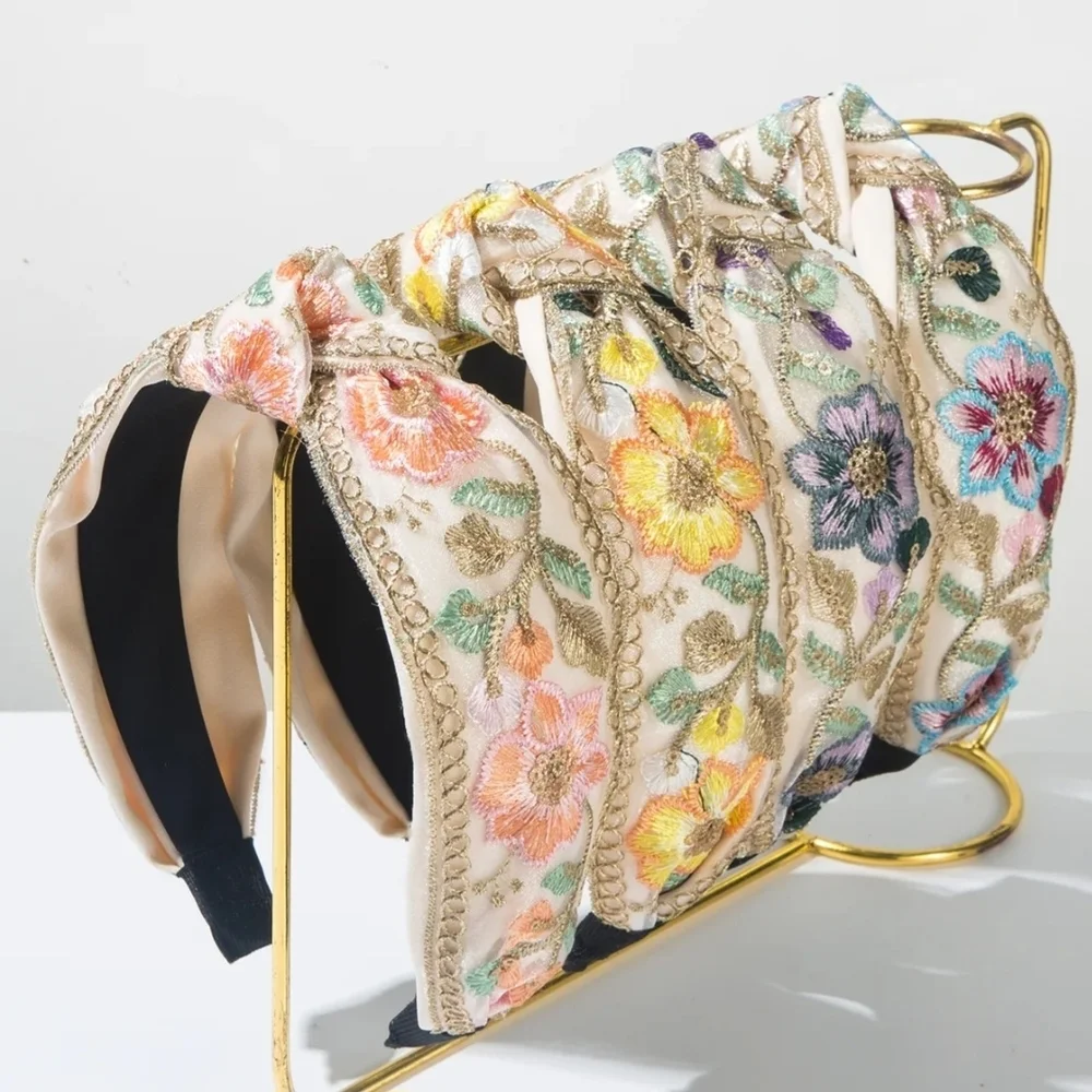Headband Elegant Floral Embroidered Knotted - Pink Blue - Picture 9 of 13